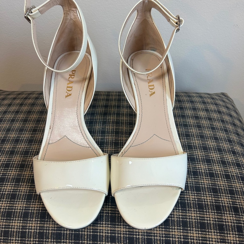 Prada White Patent Leather Wedge Sandals Ankle Strap Heels Women Size 7‎ - Picture 2 of 8